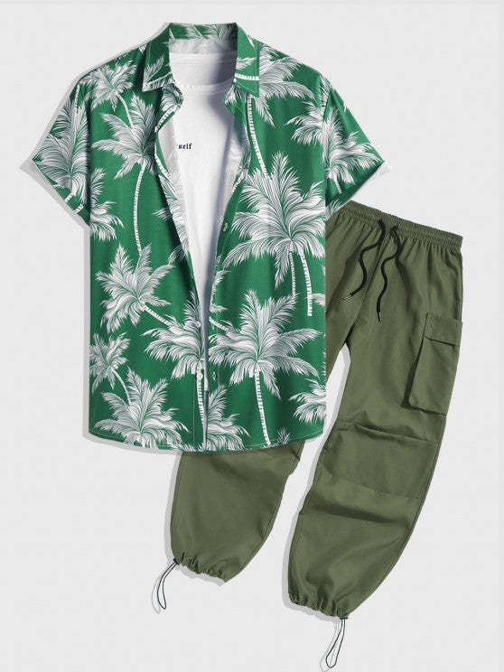 Coconut Tree Print Shirt With Cargo Pants Set