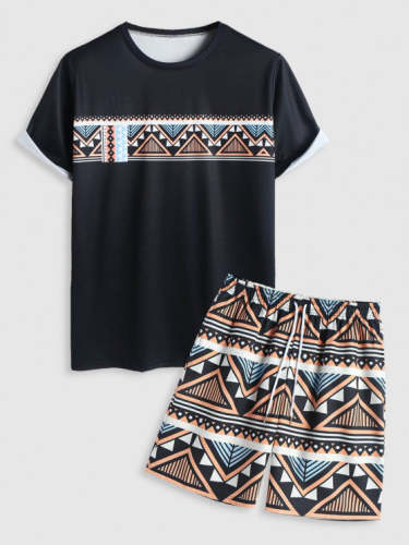 Vintage Geometric Pattern T Shirt With Shorts Set