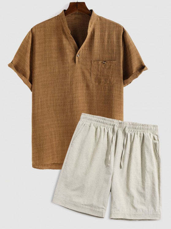 Front Pocket Short Sleeves Shirt And Linen Shorts Set