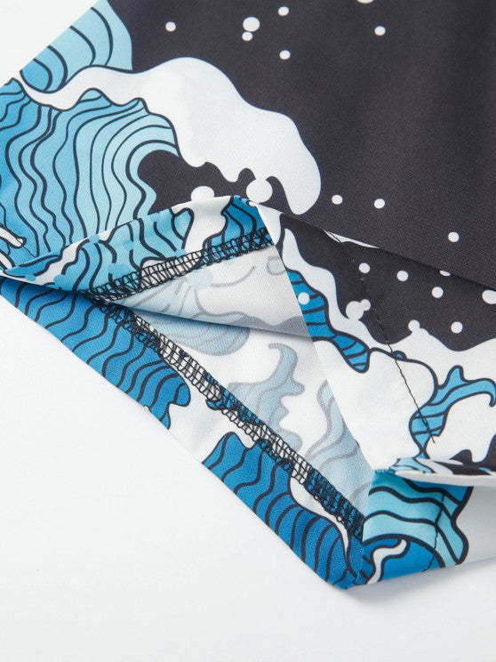Wave Printed Kimono Cardigan And Drawstring Shorts Set