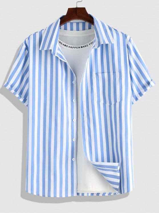 Multi Pocket Denim Shorts And Striped Short Sleeves Shirt Set