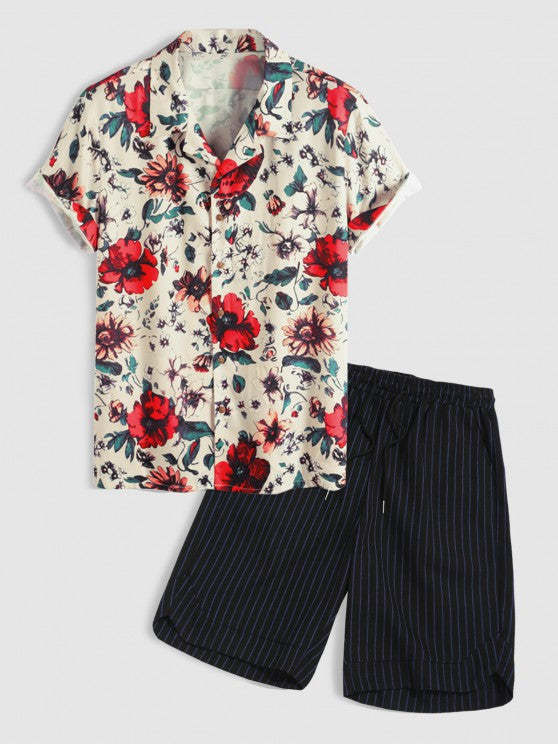 Casual Flower Printed Shirt And Striped Shorts Set