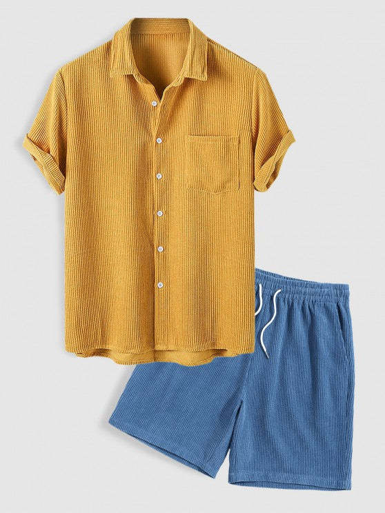 Two Piece Set Corduroy Short Sleeves Shirt And Drawstring Shorts