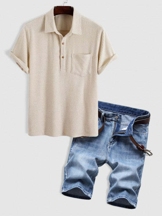 Corduroy Texture Collared Pullover Shirt And Denim Shorts Set
