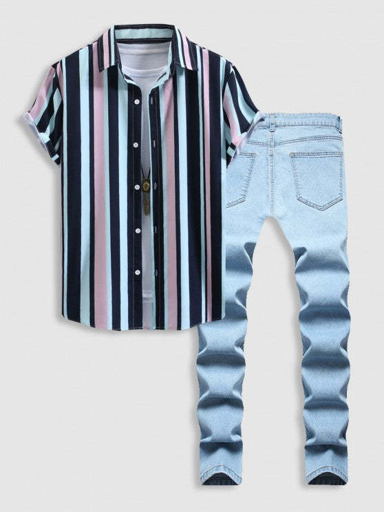 Vertically Striped Shirt And Casual Ripped Denim Jeans Set