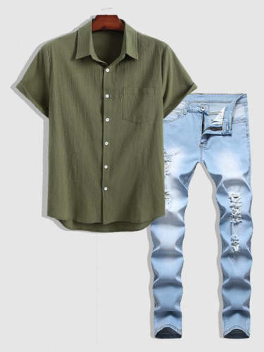 Solid Colored Short Sleeve Shirt And Casual Denim Jeans Set