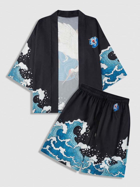 Wave Printed Kimono Cardigan And Drawstring Shorts Set