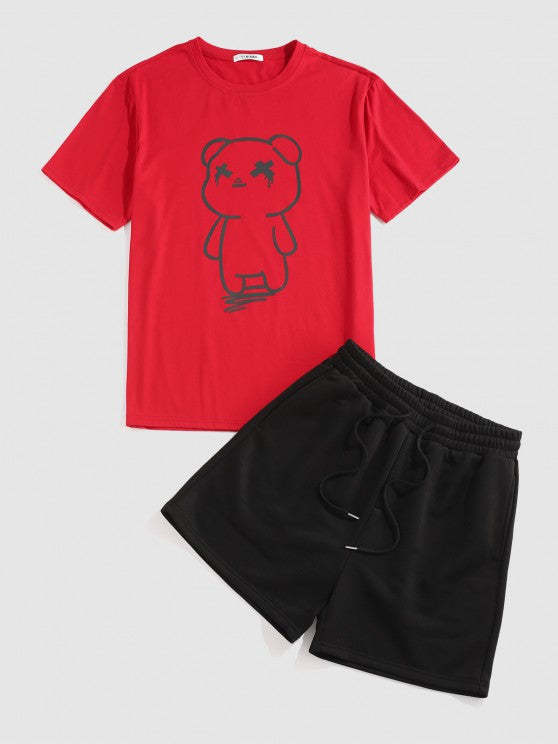 Bear Printed Casual T Shirt And Solid Color Shorts Set