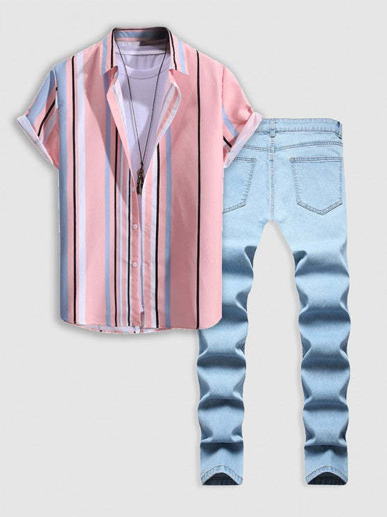 Short Sleeves Striped Shirt And Casual Ripped Jeans Set