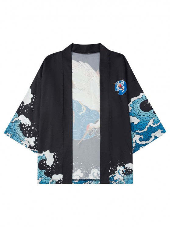 Wave Printed Kimono Cardigan And Drawstring Shorts Set