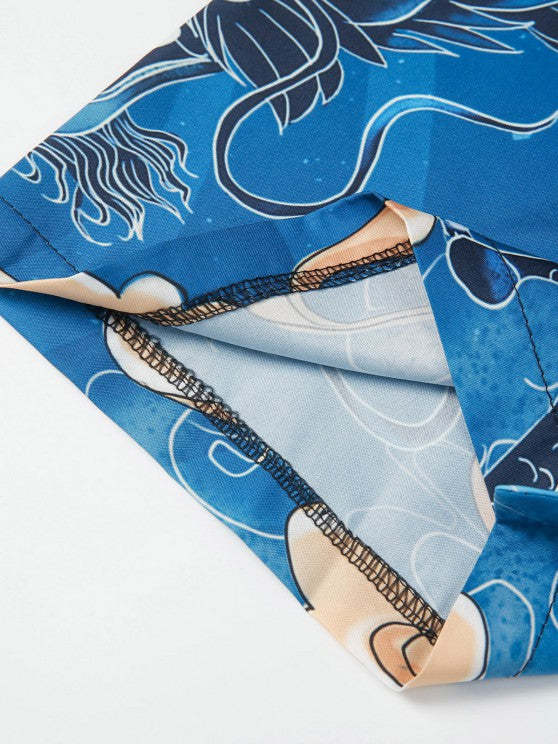 Dragon Print Kimono And Drawstring Beach Shorts Set