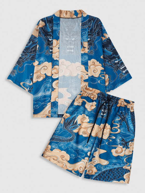 Dragon Print Kimono And Drawstring Beach Shorts Set