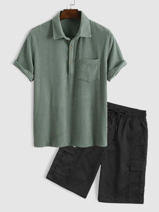 Textured Collar Pullover Shirt And Solid Color Cargo Shorts Set