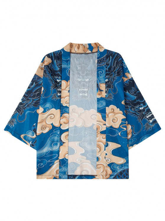 Dragon Print Kimono And Drawstring Beach Shorts Set