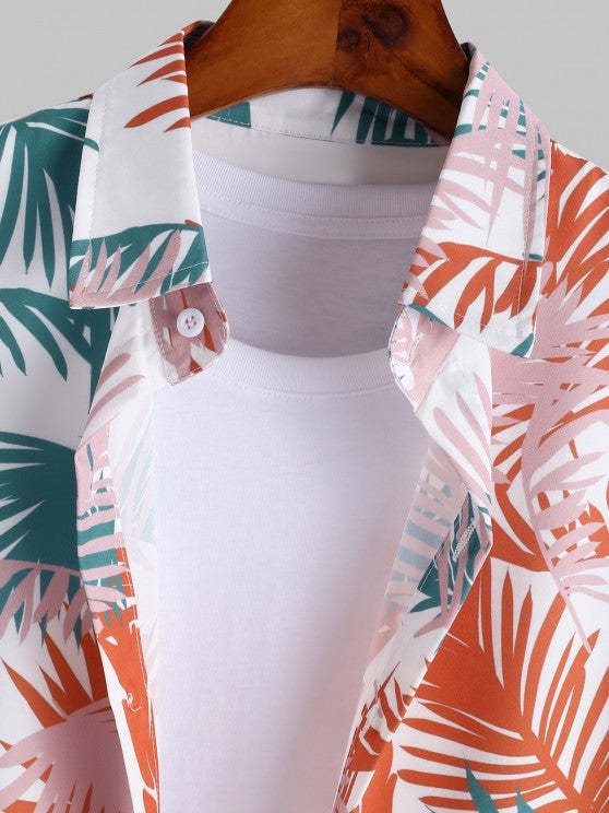 Tropical Palm Printed Shirt With Drawstring Shorts Set