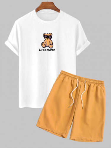 Sunglasses Bear Slogan Print T Shirt And Casual Shorts Set