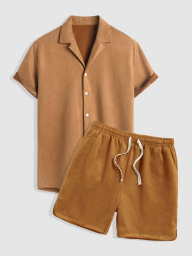 Short Sleeves Lapel Collar Shirt And Drawstring Shorts Set