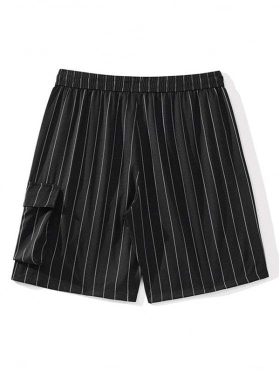 Striped Pattern Shirt And 3D Pocket Design Shorts Set