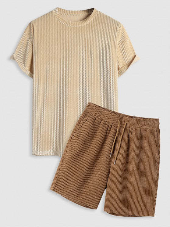 Short Sleeves T Shirt And Corduroy Drawstring Shorts Set