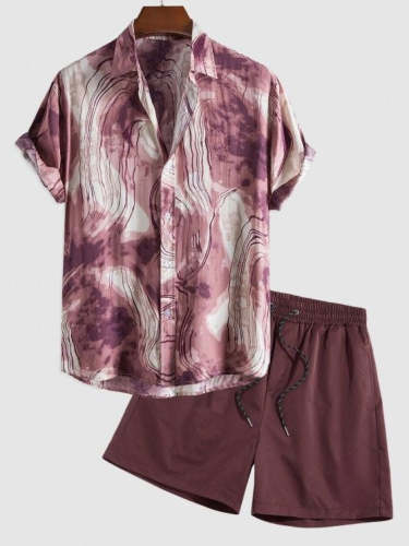 Painting Printed Shirt And Solid Color Casual Shorts Set