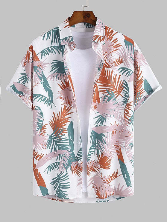 Tropical Palm Printed Shirt With Drawstring Shorts Set