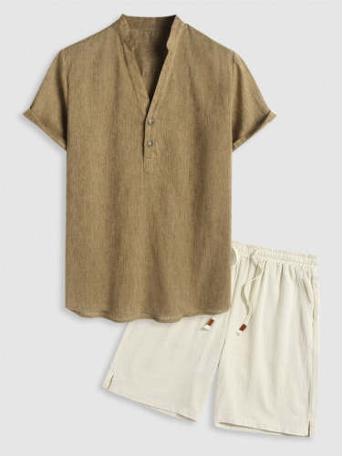 Printed Textured Shirt And Drawstring Pockets Shorts Set