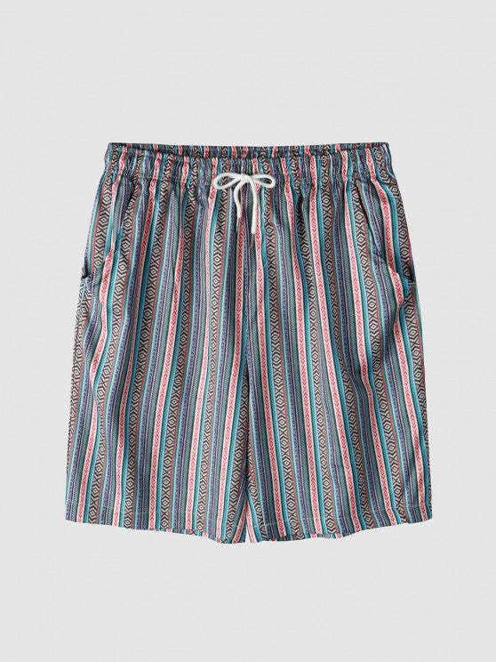 Retro Striped Geo Pattern Short Sleeves Shirt And Shorts Set
