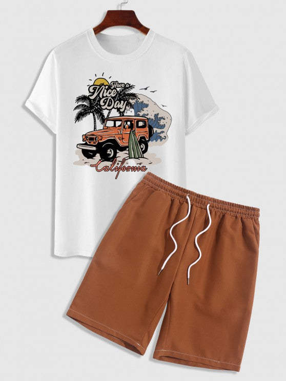 Trees Car Graphic Pattern T Shirt With Casual Shorts Set