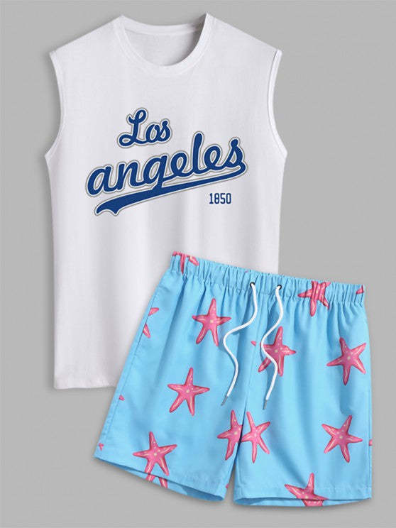 Letter Printed Sleeveless Tank Top And Shorts Set