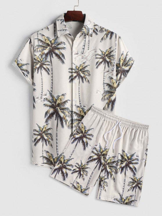 Summer Outfits Coconut Tree Pattern Shirt And Shorts Set