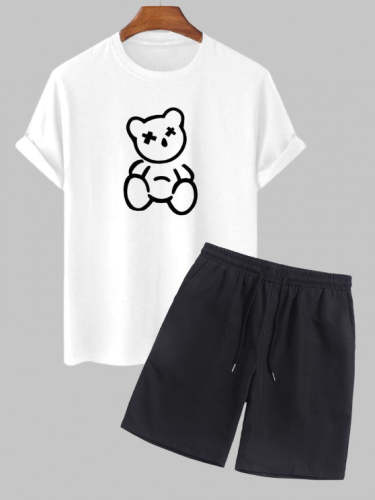Sketch Bear Print Short Sleeve T Shirt And Casual Shorts Set
