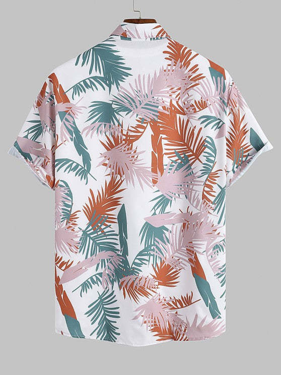 Tropical Palm Printed Shirt With Drawstring Shorts Set