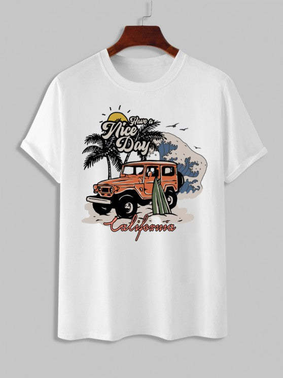 Trees Car Graphic Pattern T Shirt With Casual Shorts Set