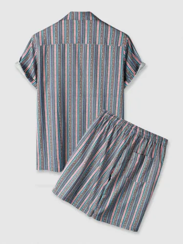 Retro Striped Geo Pattern Short Sleeves Shirt And Shorts Set
