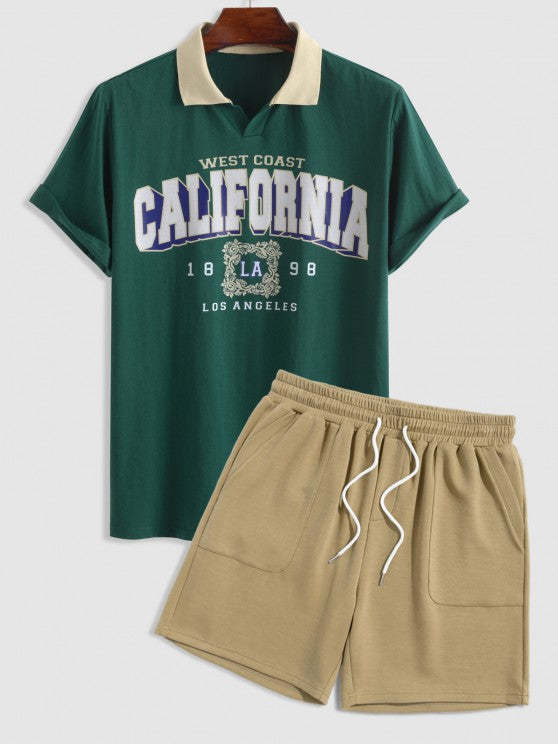 Polo Collar Graphic T Shirt And Shorts Set