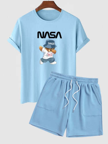 Space Bear Graphic T Shirt And Solid Color Shorts Set