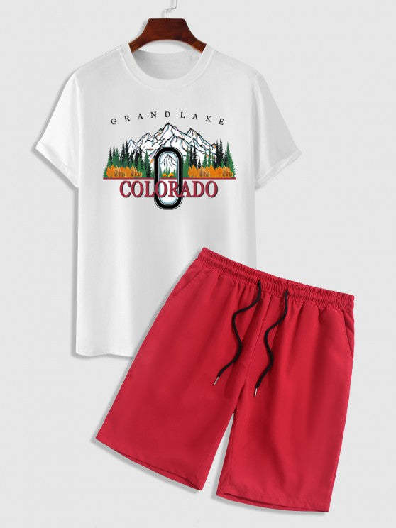 Landscape Graphic T Shirt With Basic Solid Color Shorts Set
