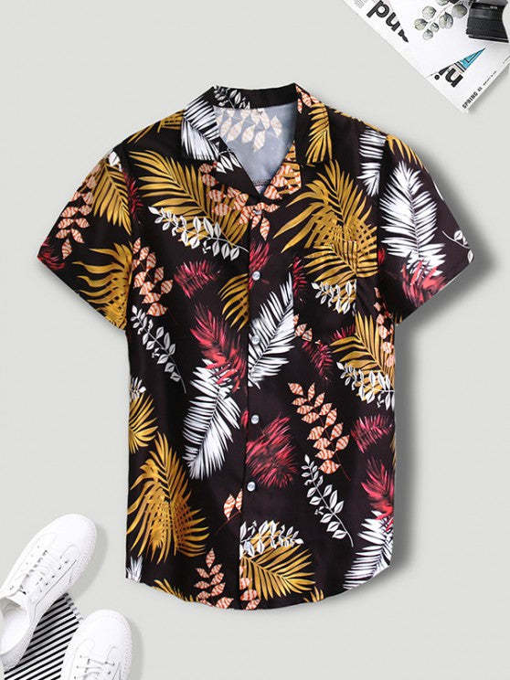 Tropical Leaf Print Lapel Shirt And Shorts