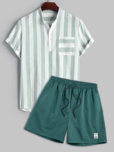 Contrast Stripes Stand Collar Pullover Shirt And Shorts Set