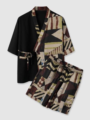 Geometric Pattern Lace Up Kimono And Shorts Set