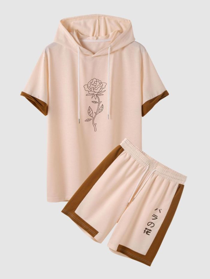 Color Spliced Rose Printed Hooded T Shirt And Shorts Set