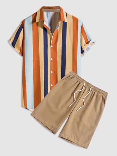 Striped Short Sleeves Shirt And Shorts Set