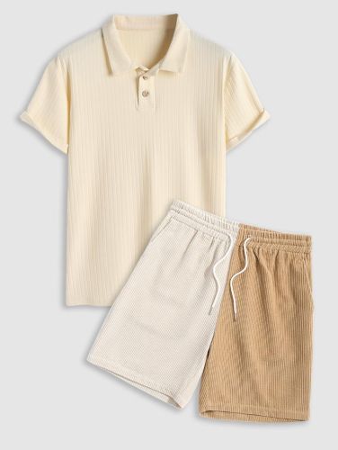 Textured Short Sleeves Polo Collared T Shirt And Shorts Set