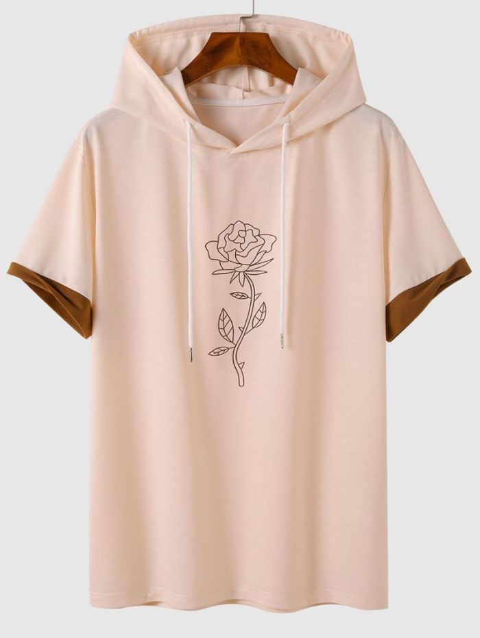 Color Spliced Rose Printed Hooded T Shirt And Shorts Set