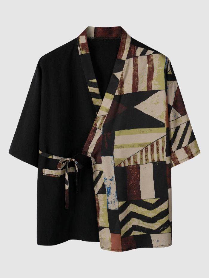 Geometric Pattern Lace Up Kimono And Shorts Set