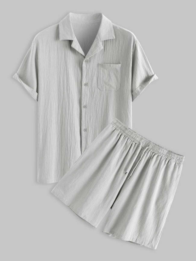 Linen Pocket Drawstring Shirt And Shorts Set