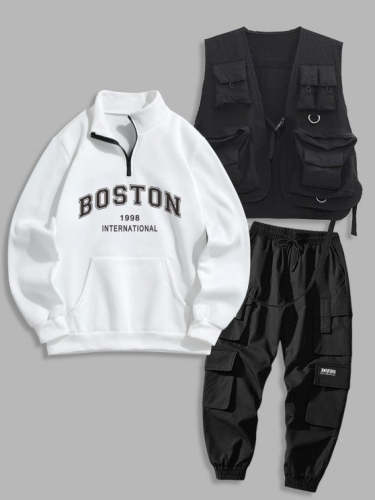 Buckle Vest And Sweatshirt And Cargo Jogger Pants Set