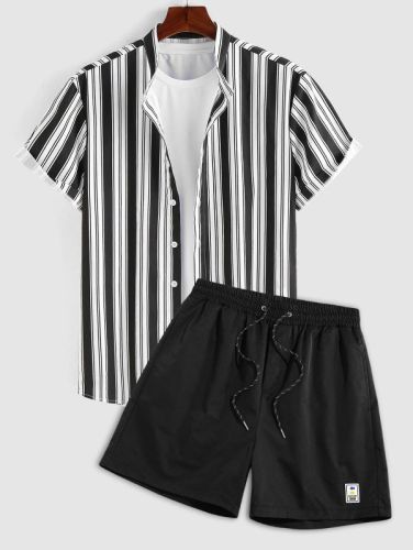 Vertical Striped Stand Collar Shirt And Shorts Set