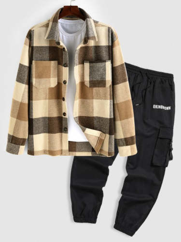 Plaid Pattern Double Pockets Shacket And Cargo Pants Set