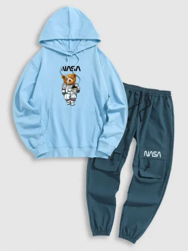 Bear Pattern Hoodie With Cargo Pants Set